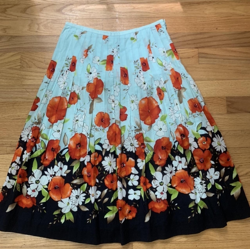 New Talbots All Cotton Pin Tuck Floral Red Poppy Fully Lined Midi Skirt 18 - Picture 2 of 13